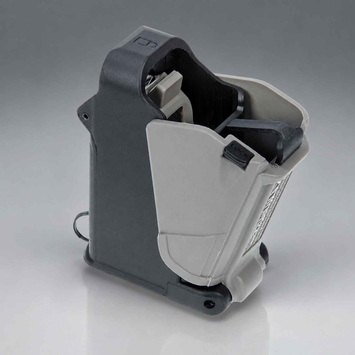 Maglula 22UpLULA UP62B black and gray .22LR pistol magazine loader, side studio view