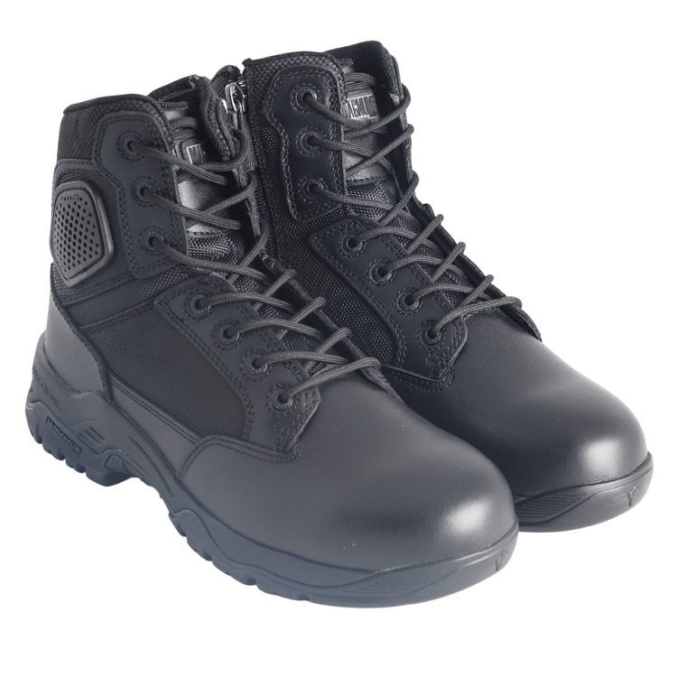 Pair of black tactical boots on a white background