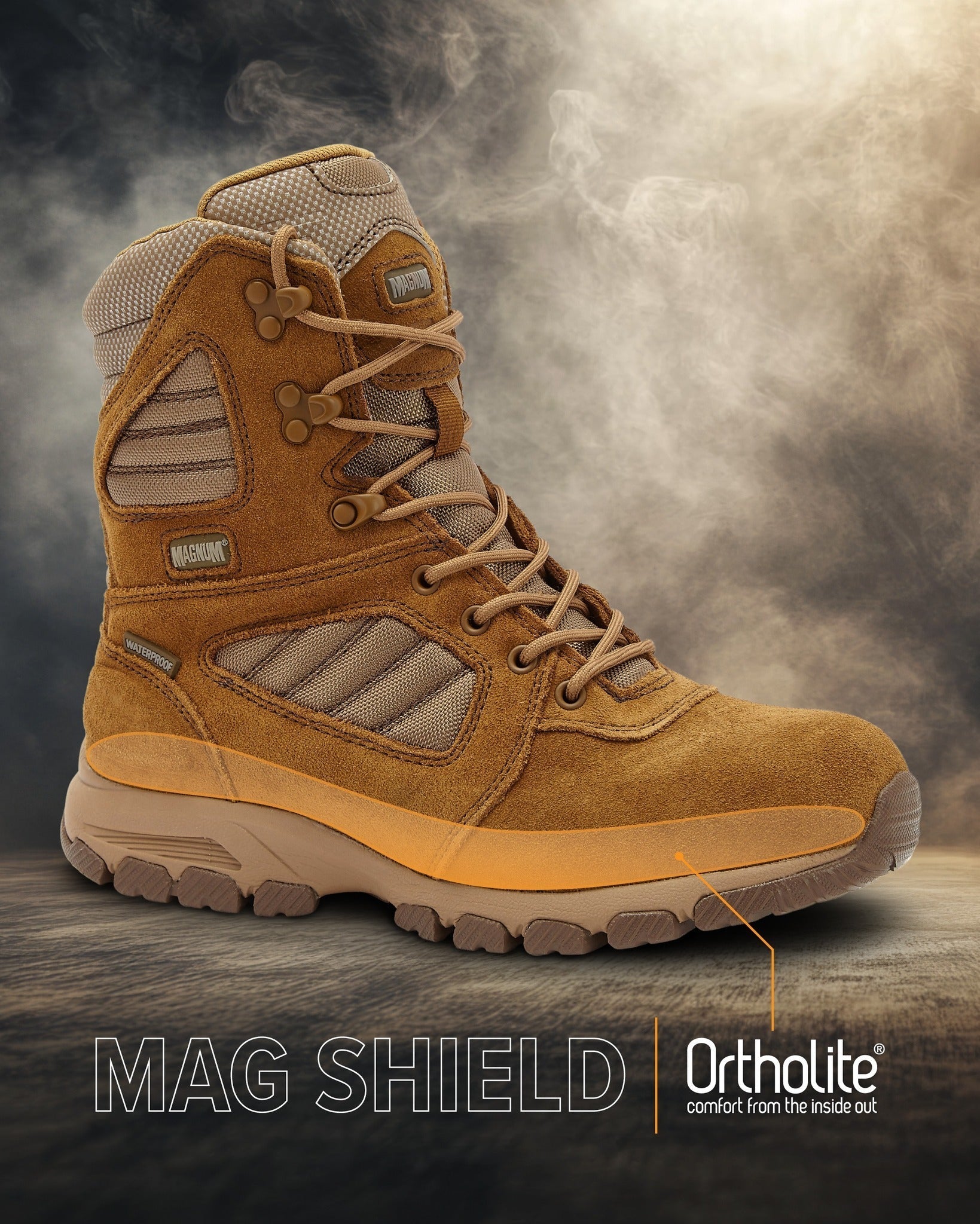 Magnum MAG SHIELD boot technology callout showing EVA midsole, waterproof membrane, and composite shank construction