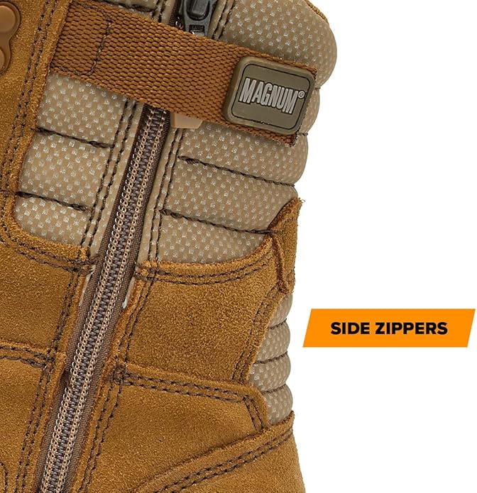 Magnum MAG SHIELD 8 inch waterproof work boot in coyote tan, rear view showing reinforced heel and padded collar