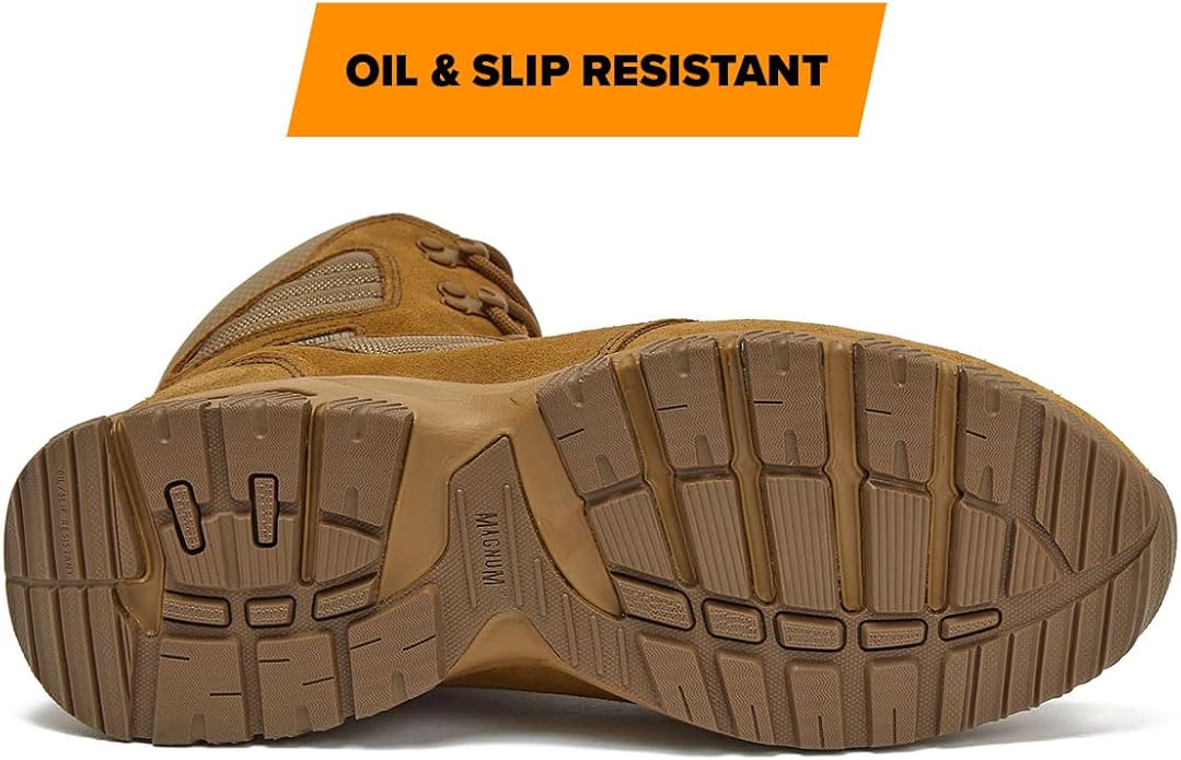 Magnum MAG SHIELD 8 inch waterproof work boot in coyote tan, outsole tread pattern and slip-resistant sole detail