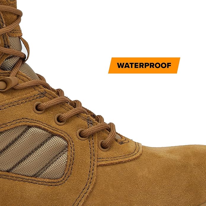 Magnum MAG SHIELD 8 inch waterproof work boot in coyote tan, side profile view showing YKK side zipper