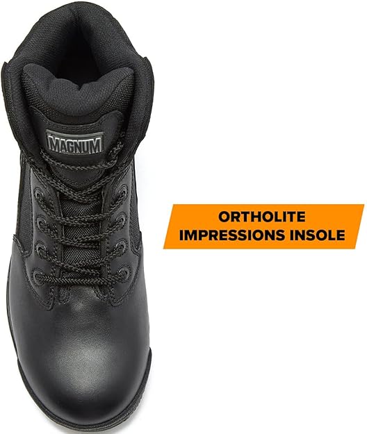 Top-down view of the Magnum Stealth Force 6 inch boot showing the lace-up front, padded collar, and OrthoLite Impressions insole label