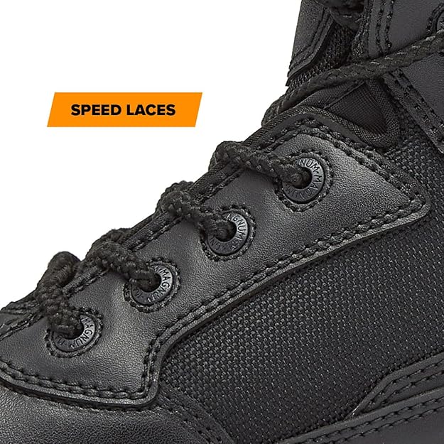 Speed laces threaded through Magnum-engraved metal eyelets on the Stealth Force 6 inch waterproof tactical duty boot