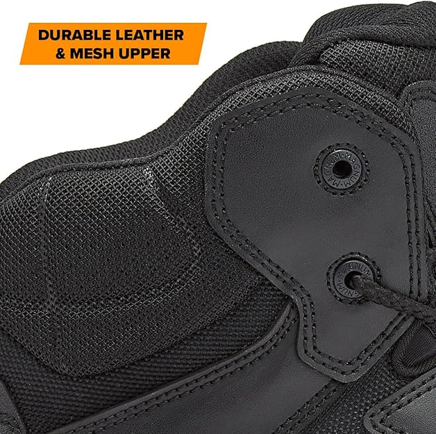 Close-up of full-grain leather and mesh upper panels on the Magnum Stealth Force 6 inch duty boot with Magnum-branded metal lace eyelets