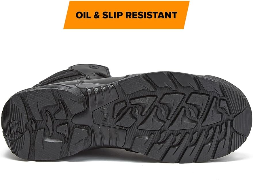 Bottom view of the Magnum Stealth Force 6 inch boot showing the aggressive all-terrain carbon rubber outsole with oil and slip-resistant tread pattern