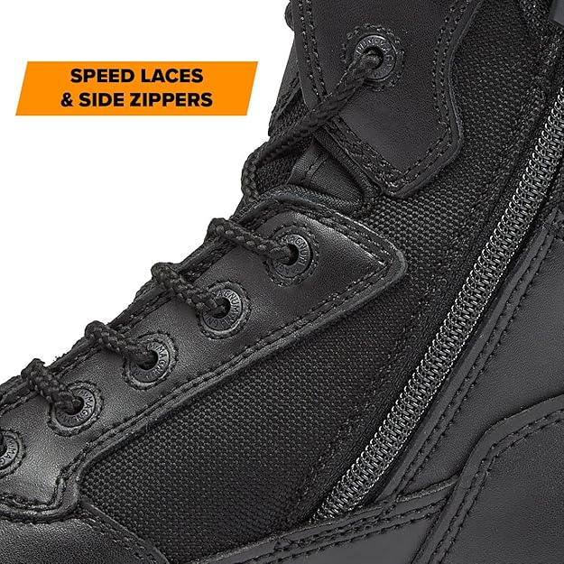 Black tactical boot with speed laces and side zippers on a white background