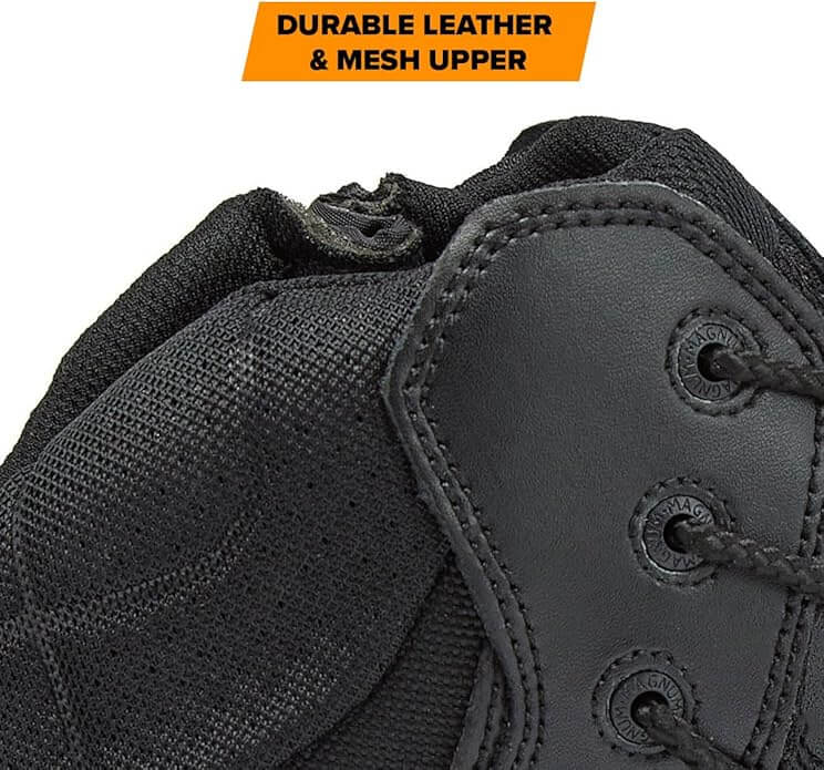 Close-up of black leather and mesh shoe with durable material text overlay