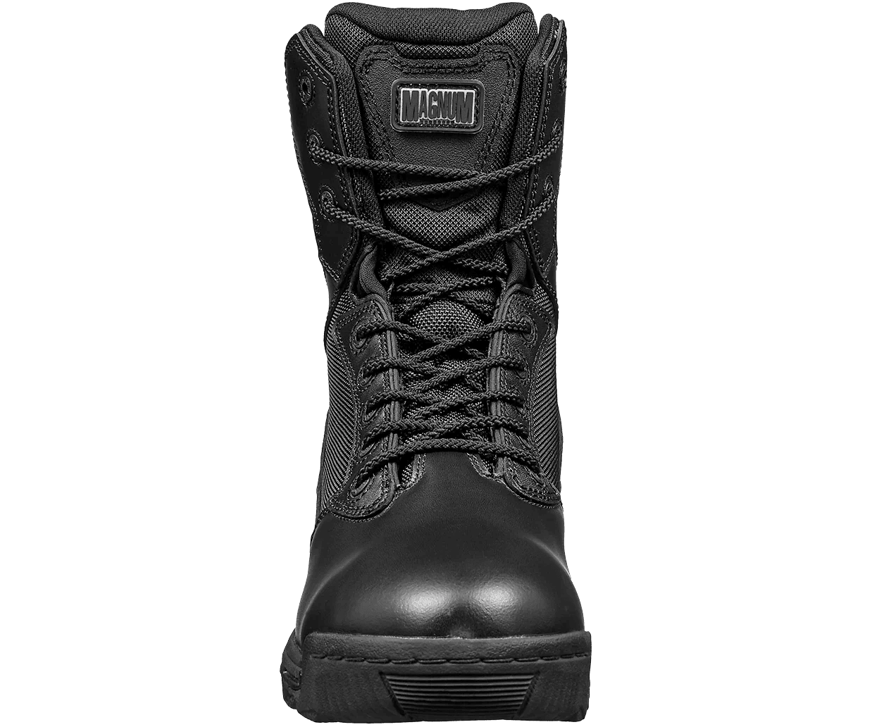 Magnum Boots Stealth Force 8 inch lace-up waterproof black tactical duty boot front view, model CM85015M