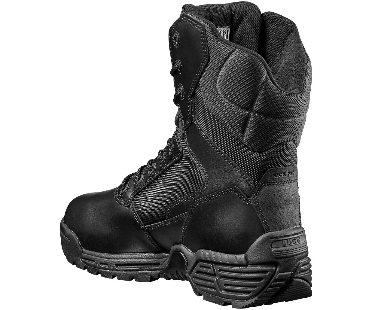 Rear three-quarter view of the Magnum Stealth Force 8 inch waterproof black tactical boot showing reinforced kick pad and Magnum-branded heel block