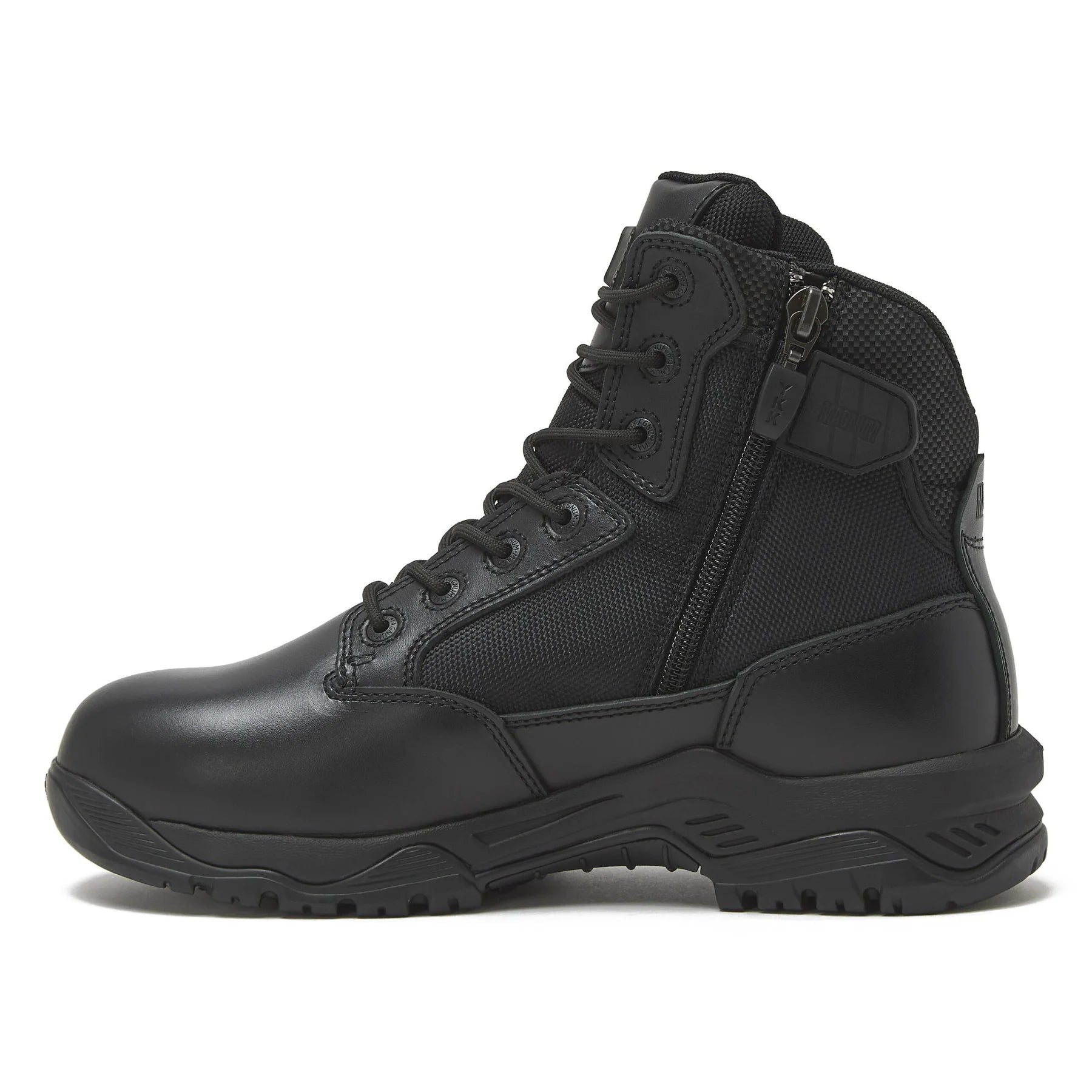 Magnum Strike Force 6 inch waterproof boot in black, detail close-up angle showing side zipper