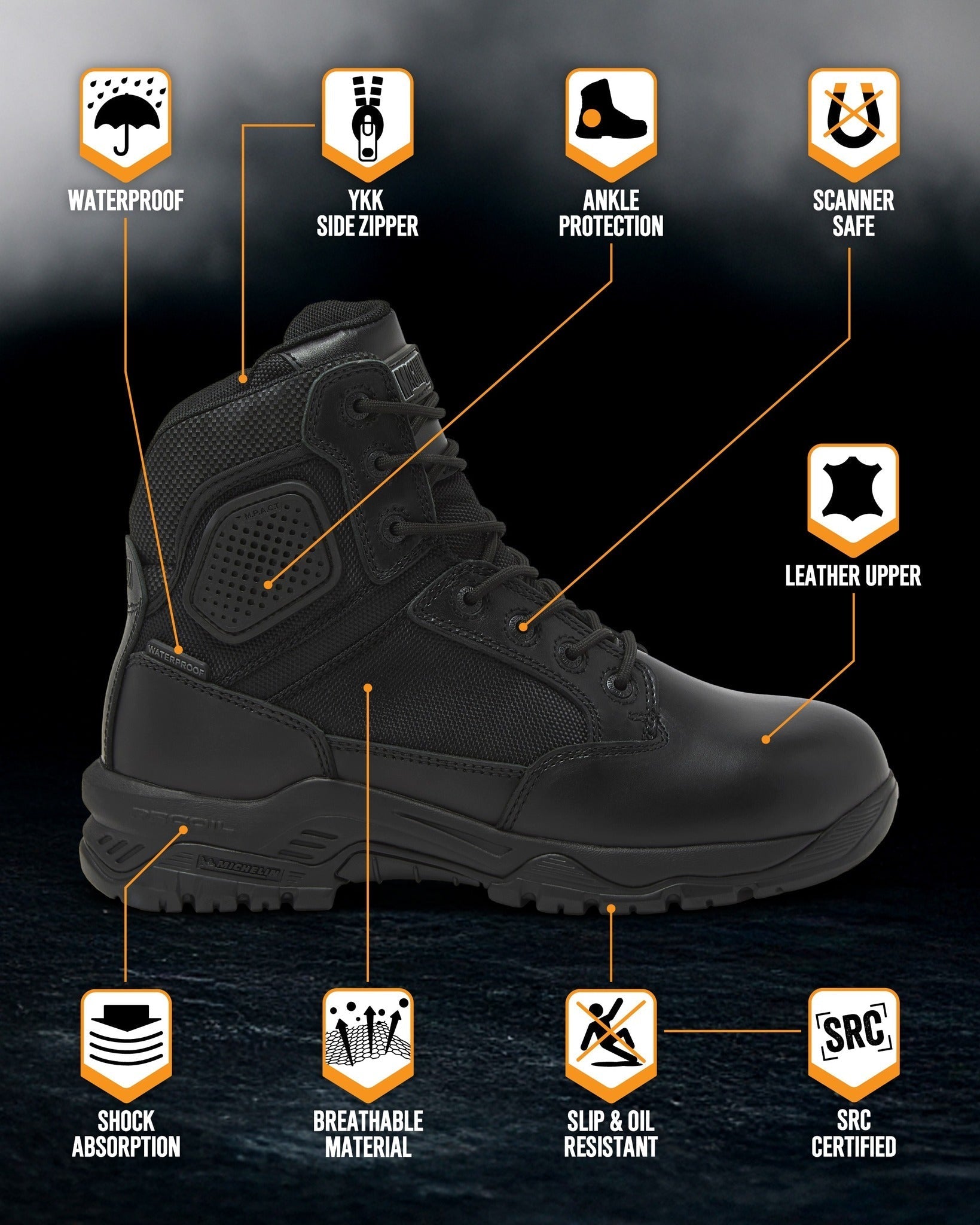 Magnum Strike Force 6 inch waterproof boot in black, key features highlighted