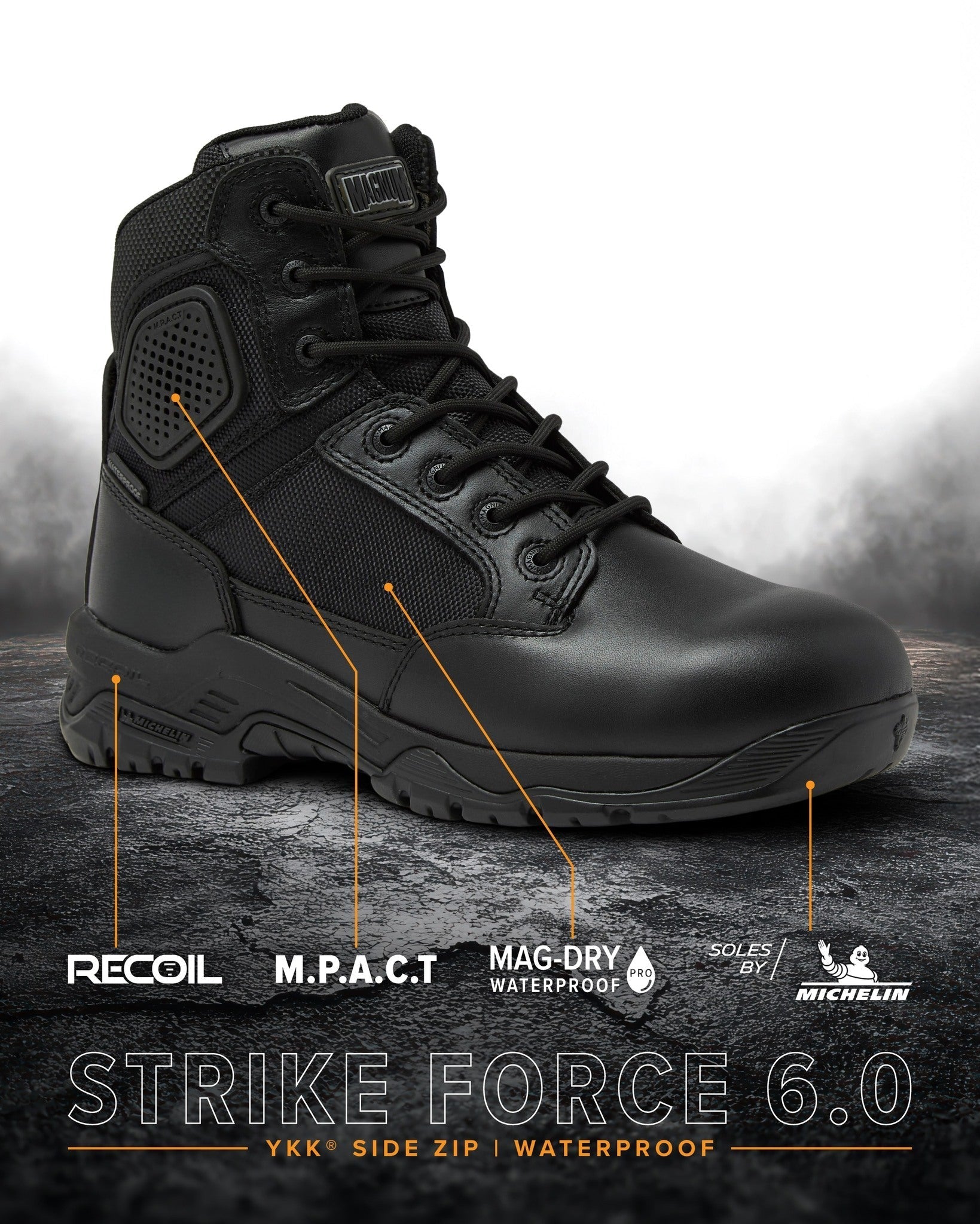Magnum Strike Force 6 inch waterproof boot in black, additional features highlighted