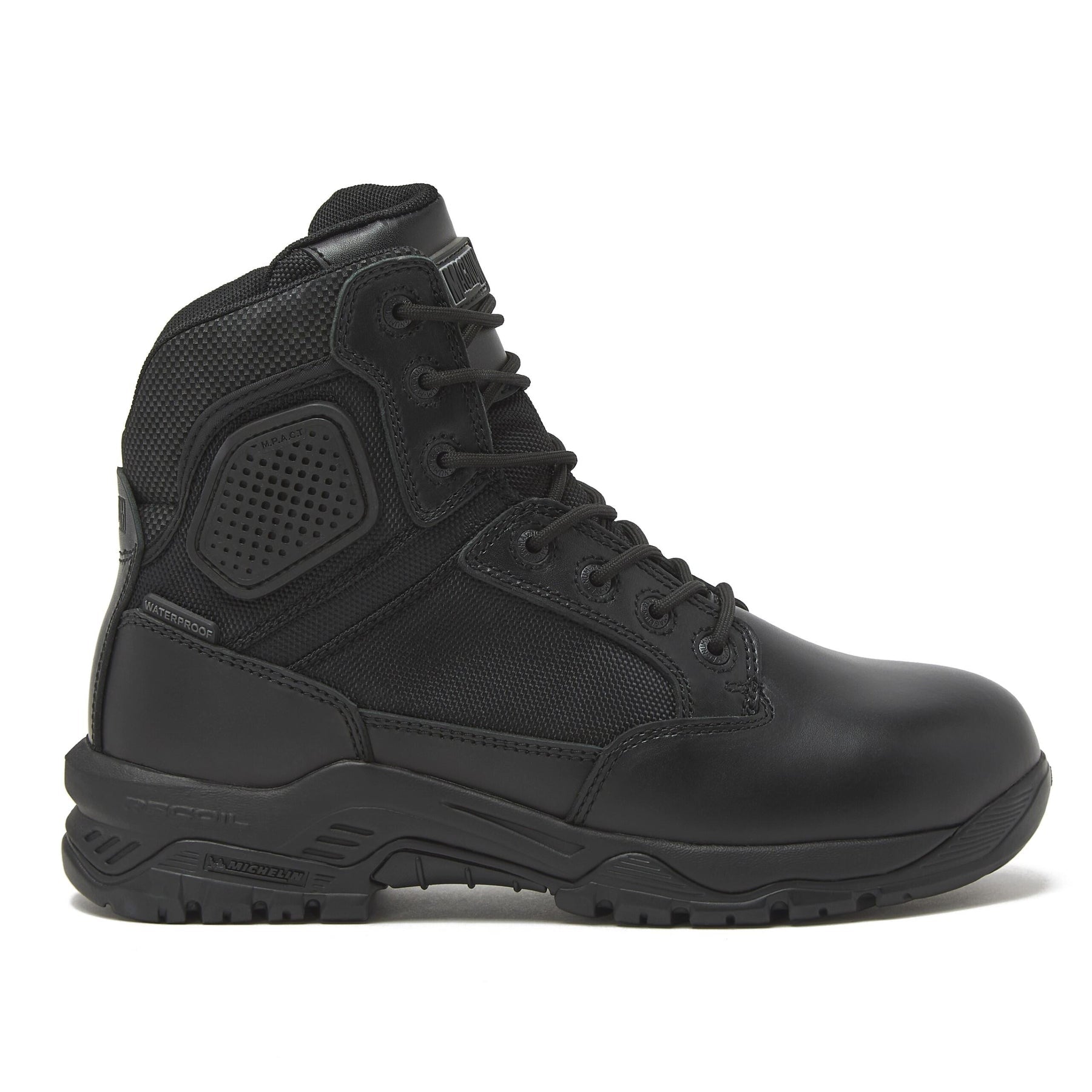 Magnum Strike Force 6 inch waterproof boot in black, side angle close up