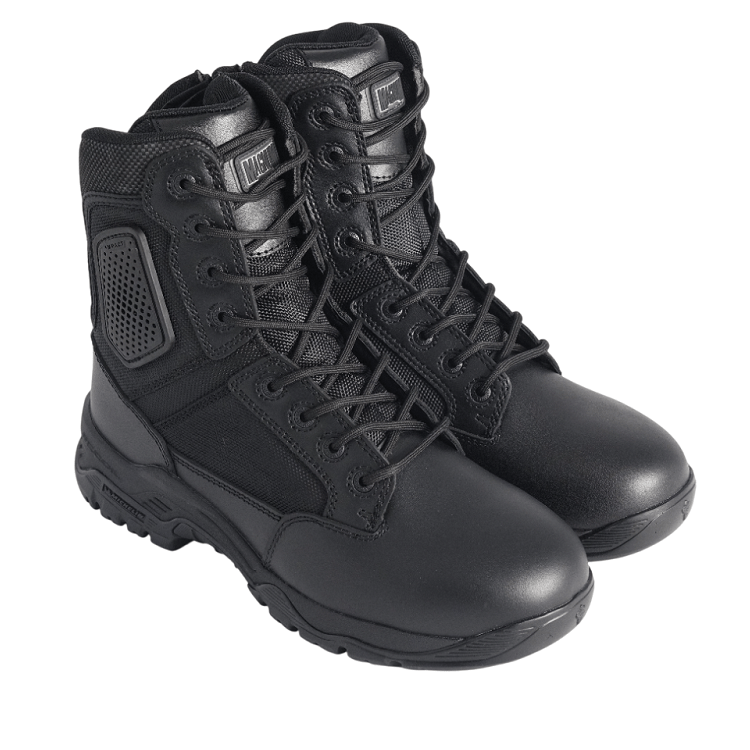 Magnum Strike Force 8 inch black tactical boot, close detail of leather and mesh upper