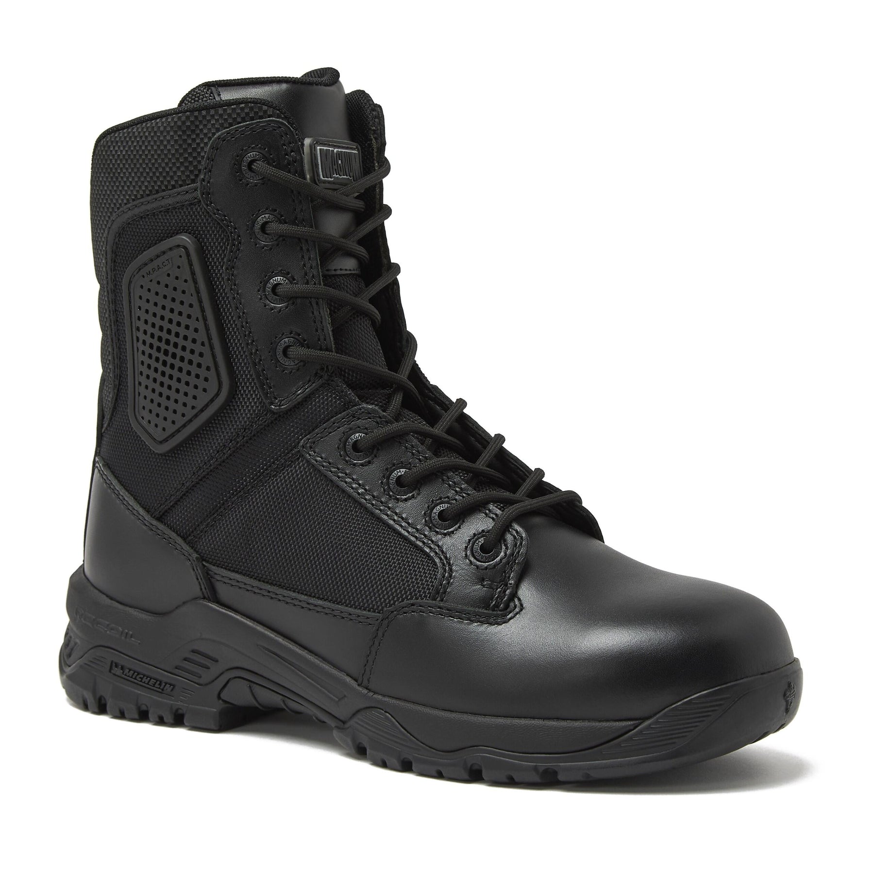 Magnum Strike Force 8 inch black tactical boot, rear heel view showing pull loop and ankle support