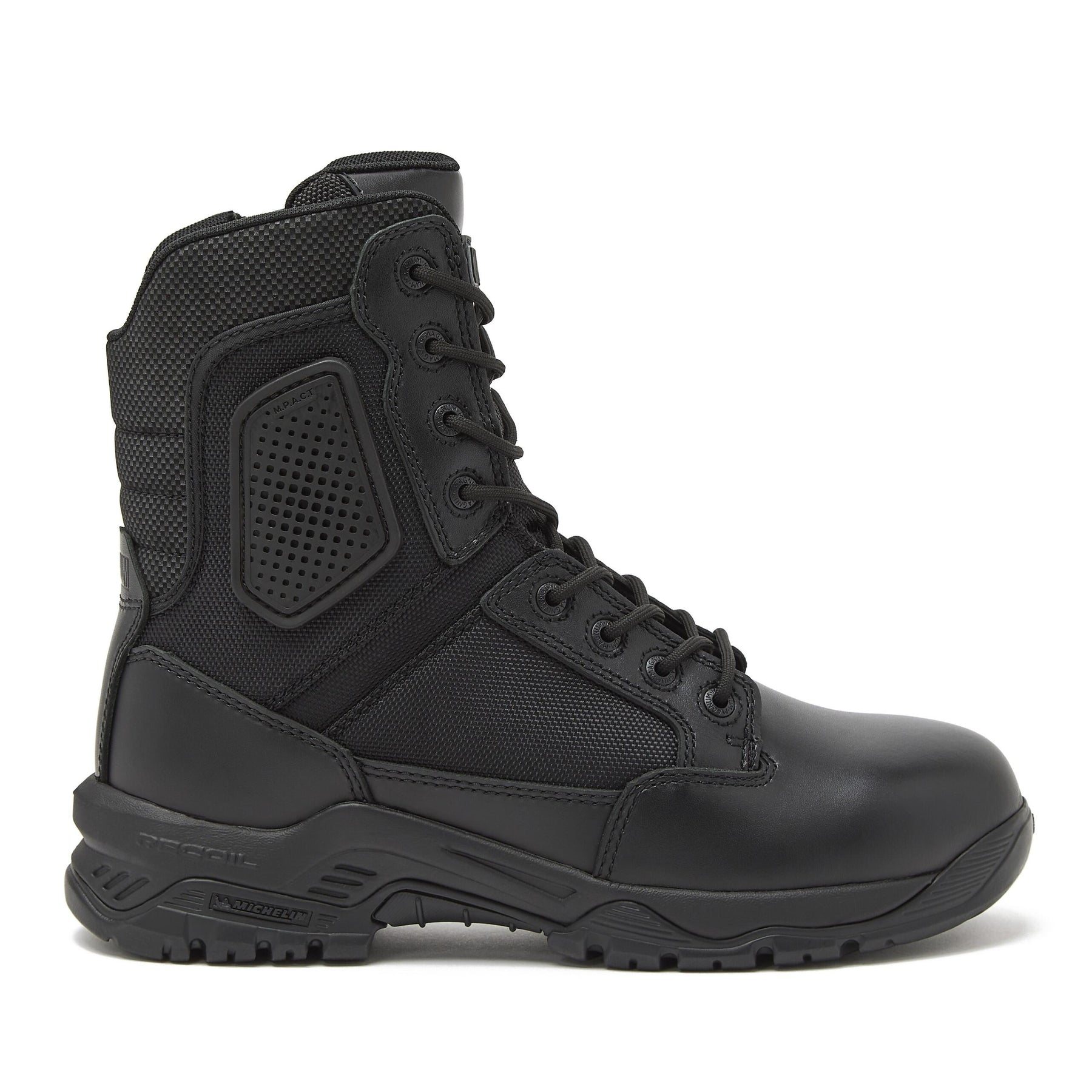 Magnum Strike Force 8 inch black tactical boot, bottom view showing slip resistant Michelin outsole