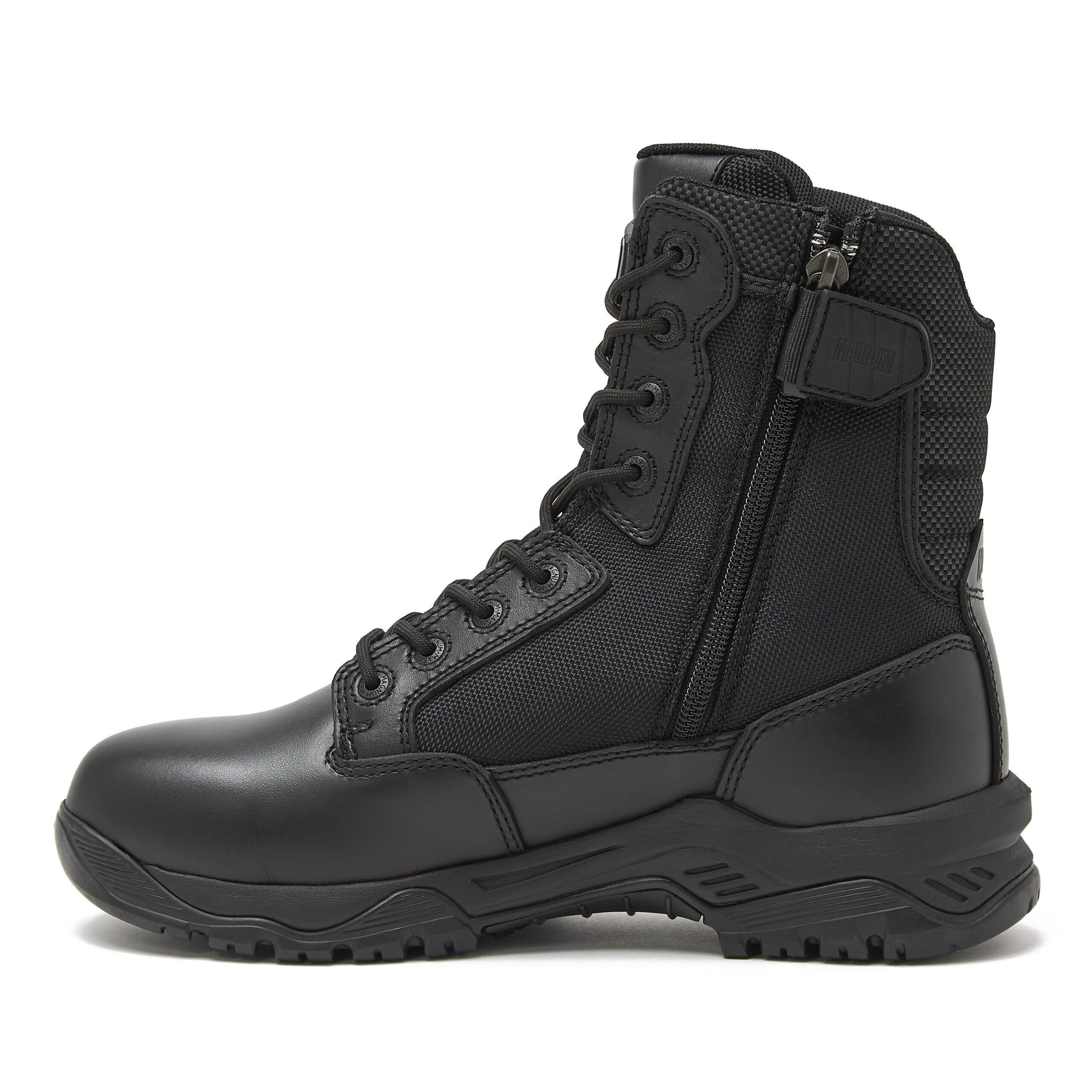 Magnum Strike Force 8 inch black tactical duty boot, side view showing YKK side zipper and polishable toe