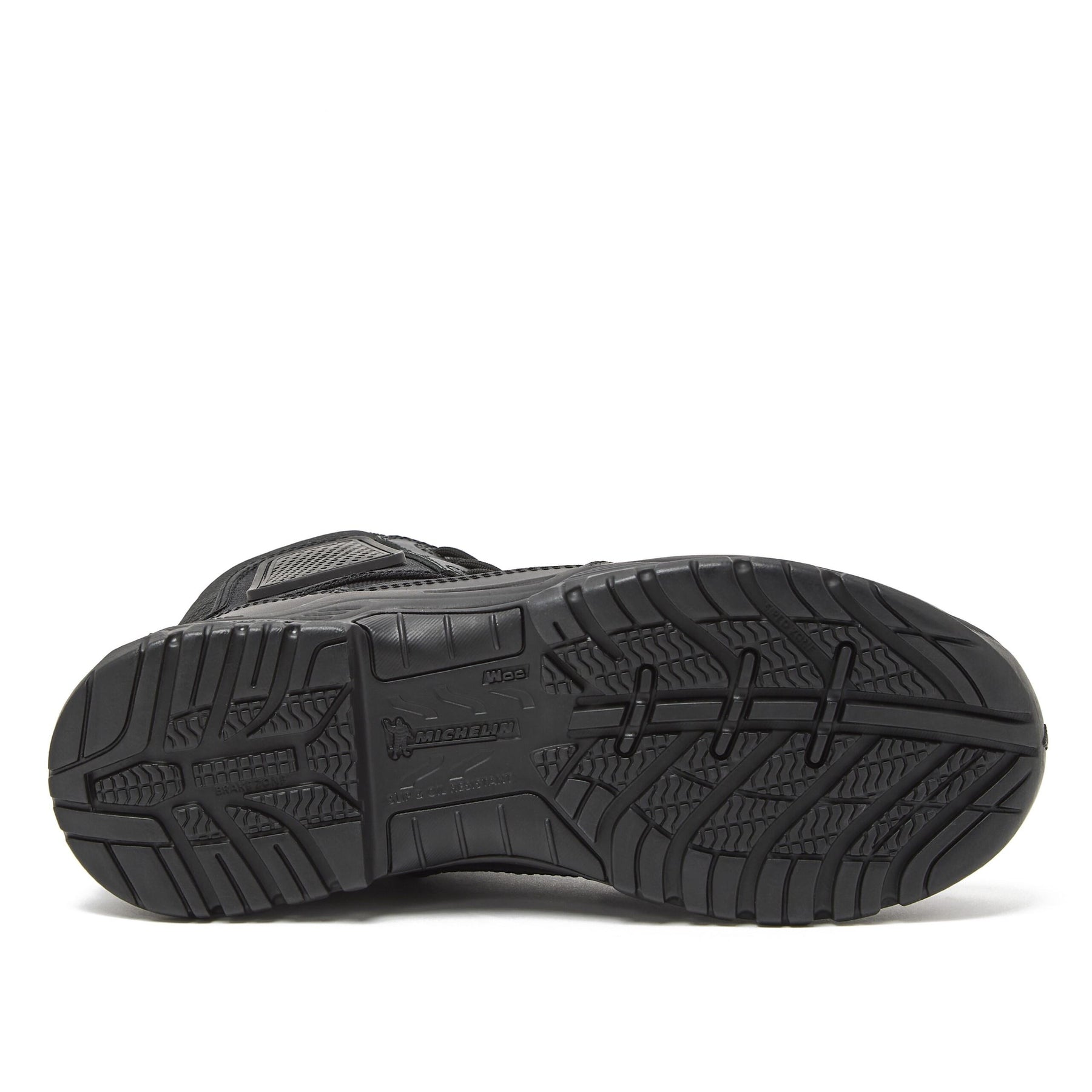 Magnum Strike Force 8 inch black tactical boot, bottom view of slip resistant Michelin outsole tread