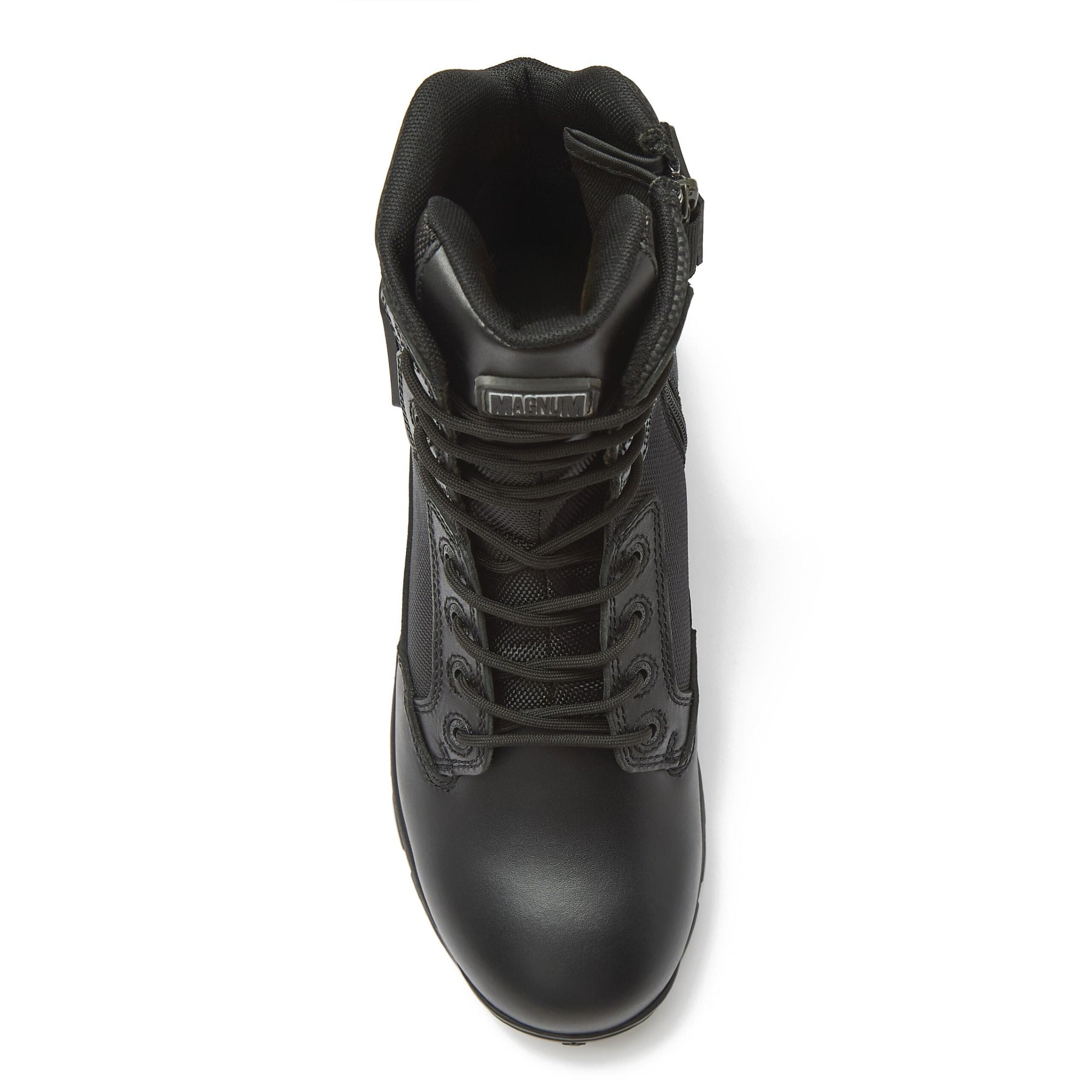 Magnum Strike Force 8 inch black tactical boot, top down view of lacing and padded collar