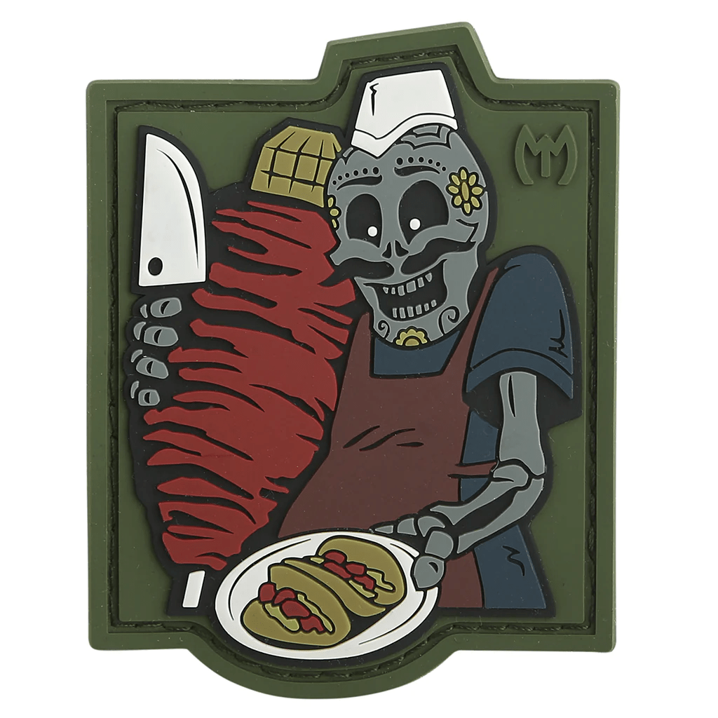 Maxpedition El Taquero morale patch featuring a skeleton chef serving tacos with vibrant colors and unique design.