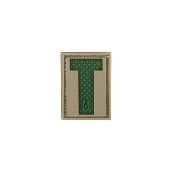 Maxpedition Letter T Morale Patch in green and beige, perfect for personalizing your gear or bag.