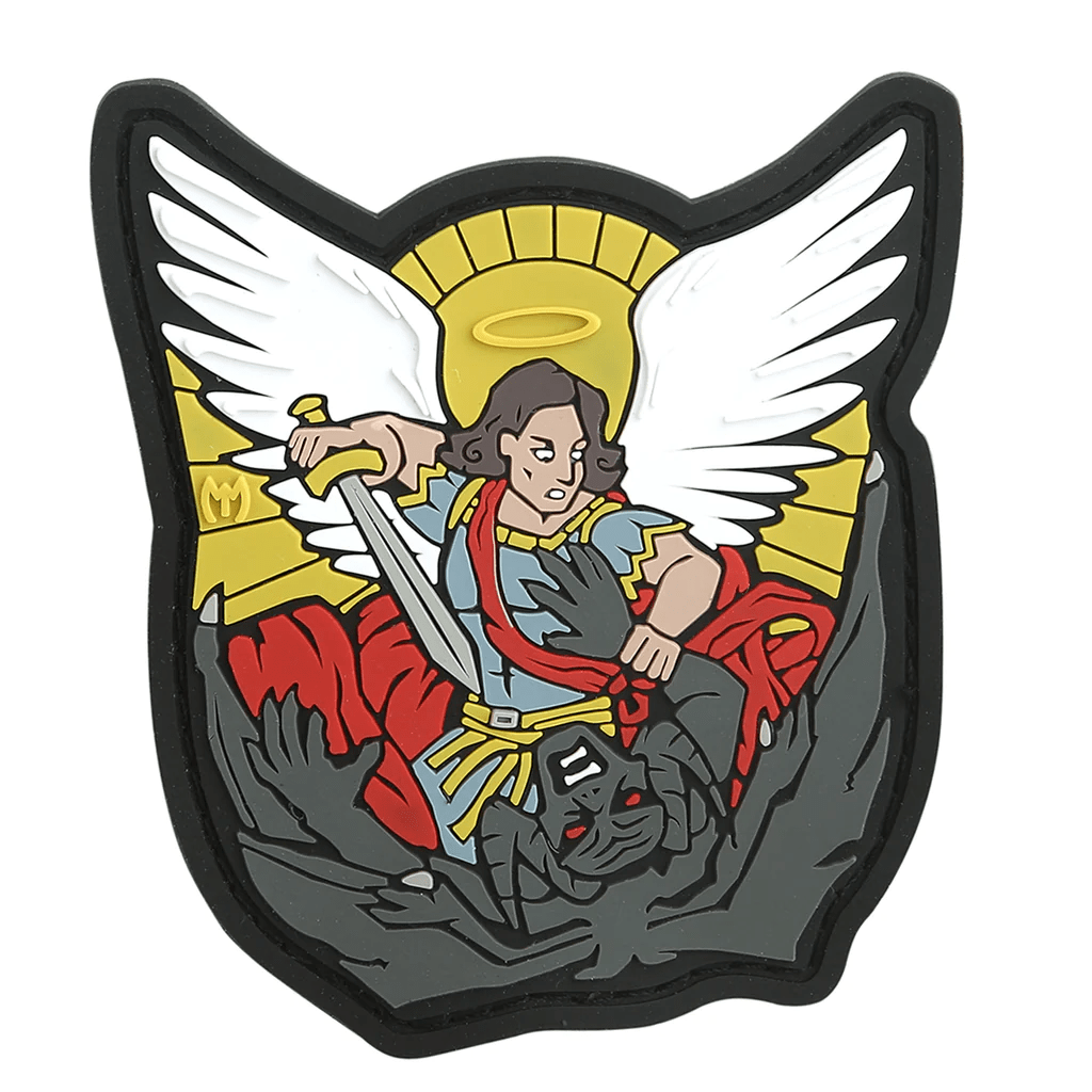 Maxpedition Saint Michael full-color morale patch featuring an angelic warrior with sword, unique design for personalizing gear.