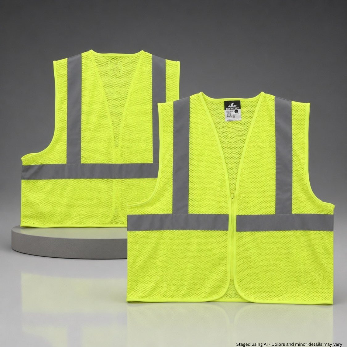 Two yellow safety vests with reflective stripes on a gray background