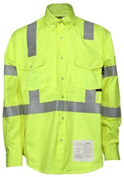 MCR Safety FR Hi-Vis Class 3 long sleeve work shirt in bright yellow with reflective stripes for safety and visibility.