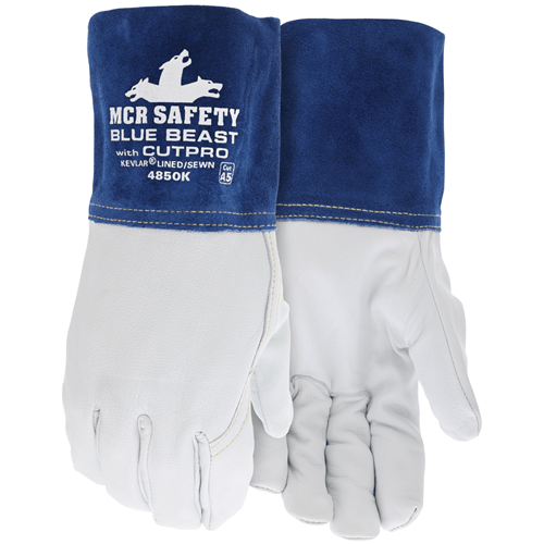 MCR Safety 4850K Blue Beast Kevlar Lined MIG/TIG gloves with cut protection and premium leather design.