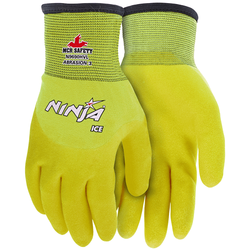 MCR Safety Ninja Ice Hi Viz gloves featuring 7G inside and 15G outside for optimal hand protection and dexterity.
