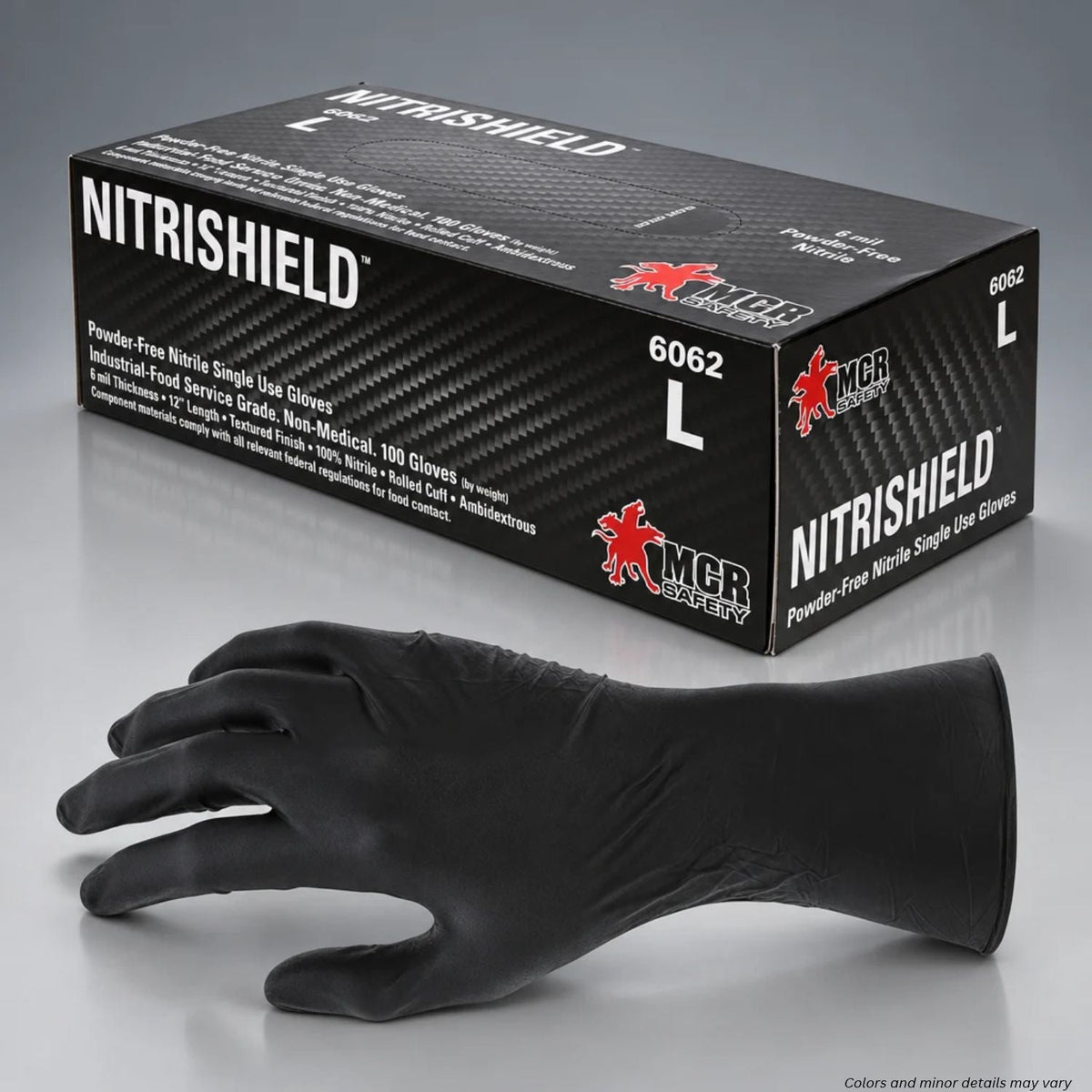 A black Nitrishield powder-free nitrile single-use glove displayed in front of its black retail box, which shows the MCR Safety brand and size L.