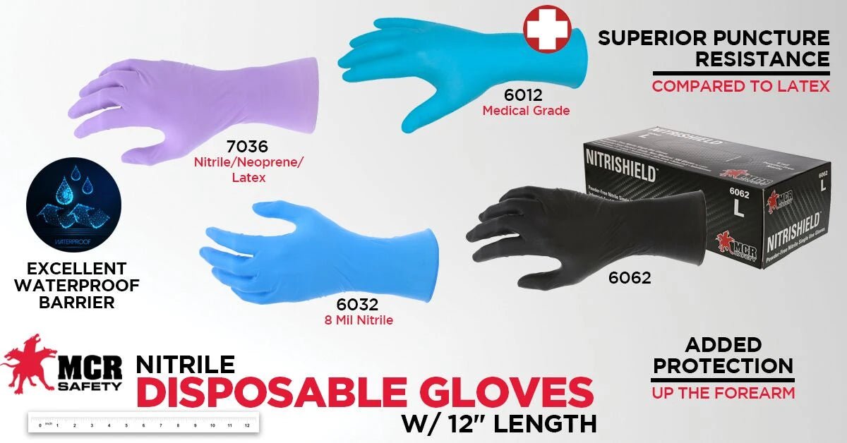 A promotional graphic for MCR Safety Nitrile Disposable Gloves showing three glove color options: purple 7036, blue 6032, and black 6062. The image includes text highlighting features such as 'Superior Puncture Resistance Compared to Latex', 'Excellent Waterproof Barrier', and 'Added Protection Up the Forearm'.