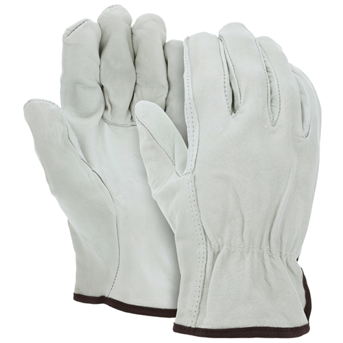 MCR Safety Table Grade Cow Grain Driver Gloves with shirred elastic back for comfort and durability.
