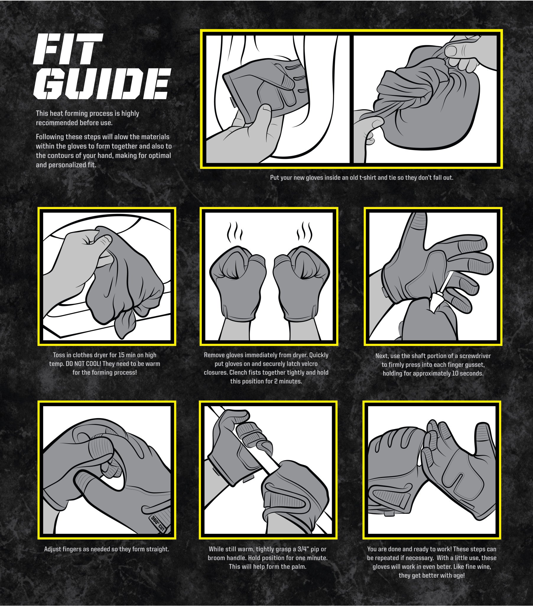 Step-by-step guide on how to heat mold gloves with illustrations and text.