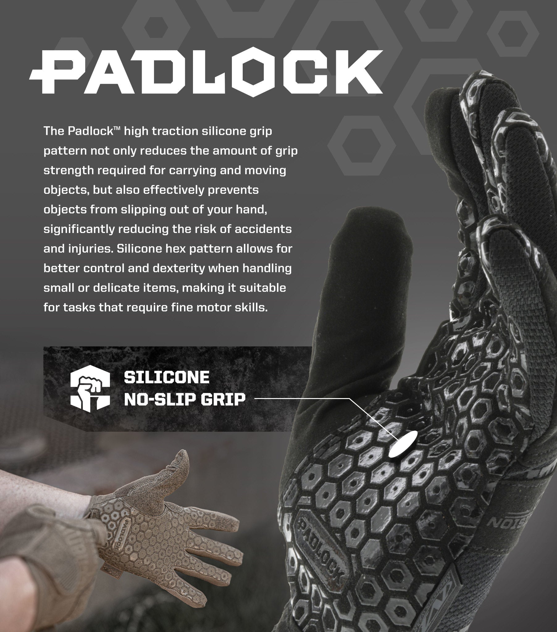 Mechanix Wear Padlock silicone no-slip grip technology graphic for Precision Pro tactical gloves