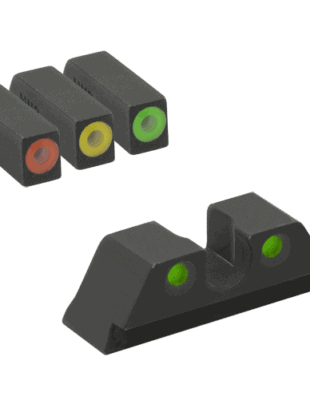 Meprolight Hyper-Bright pistol sight featuring interchangeable front sights in green, yellow, and orange for enhanced aiming.