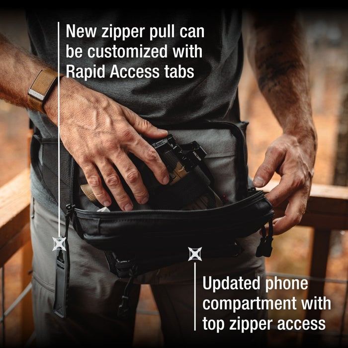 Person holding a black bag with text about new zipper pull customization and updated phone compartment.