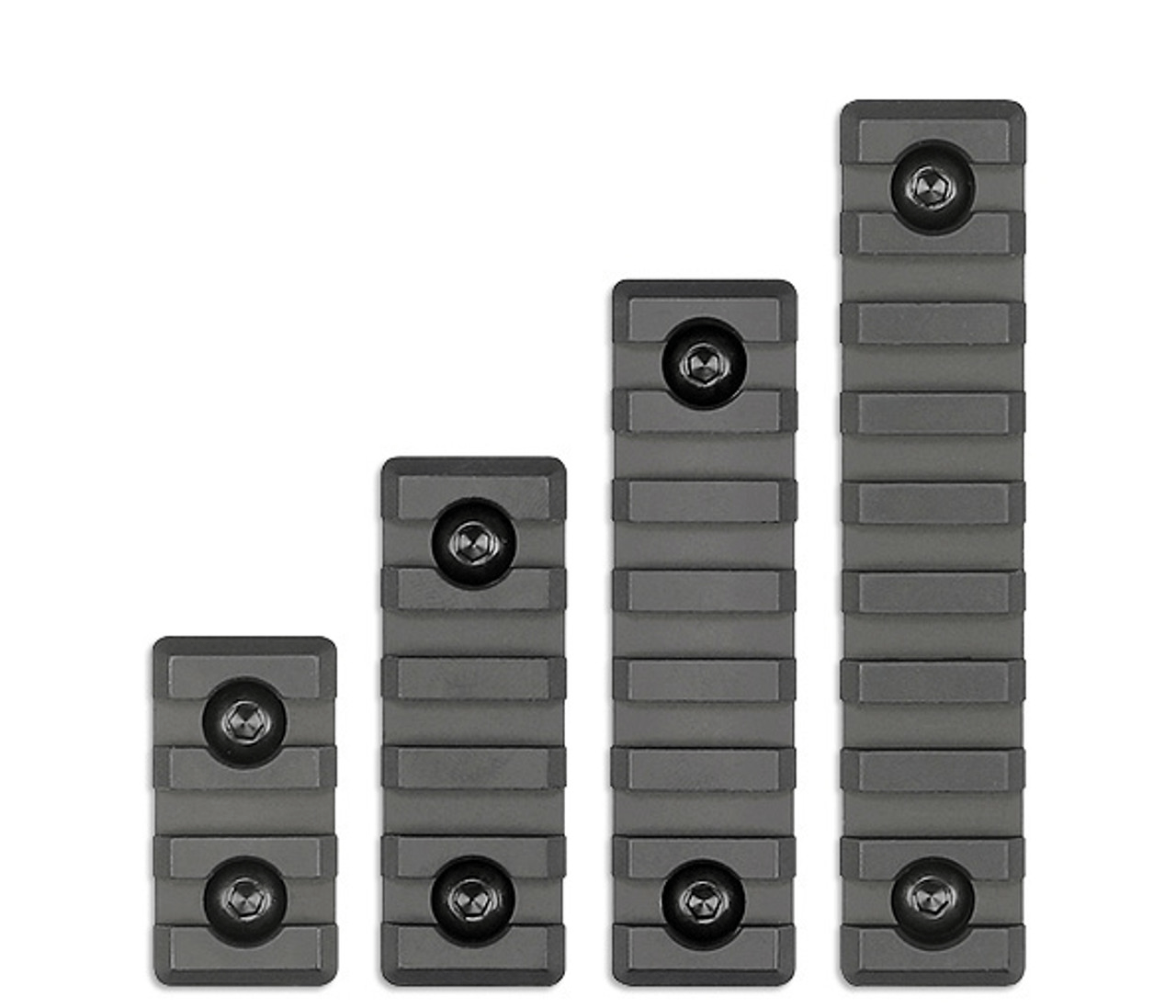 Midwest Industries M-LOK aluminum rail sections in various sizes, showcasing durable 6061 aluminum construction.