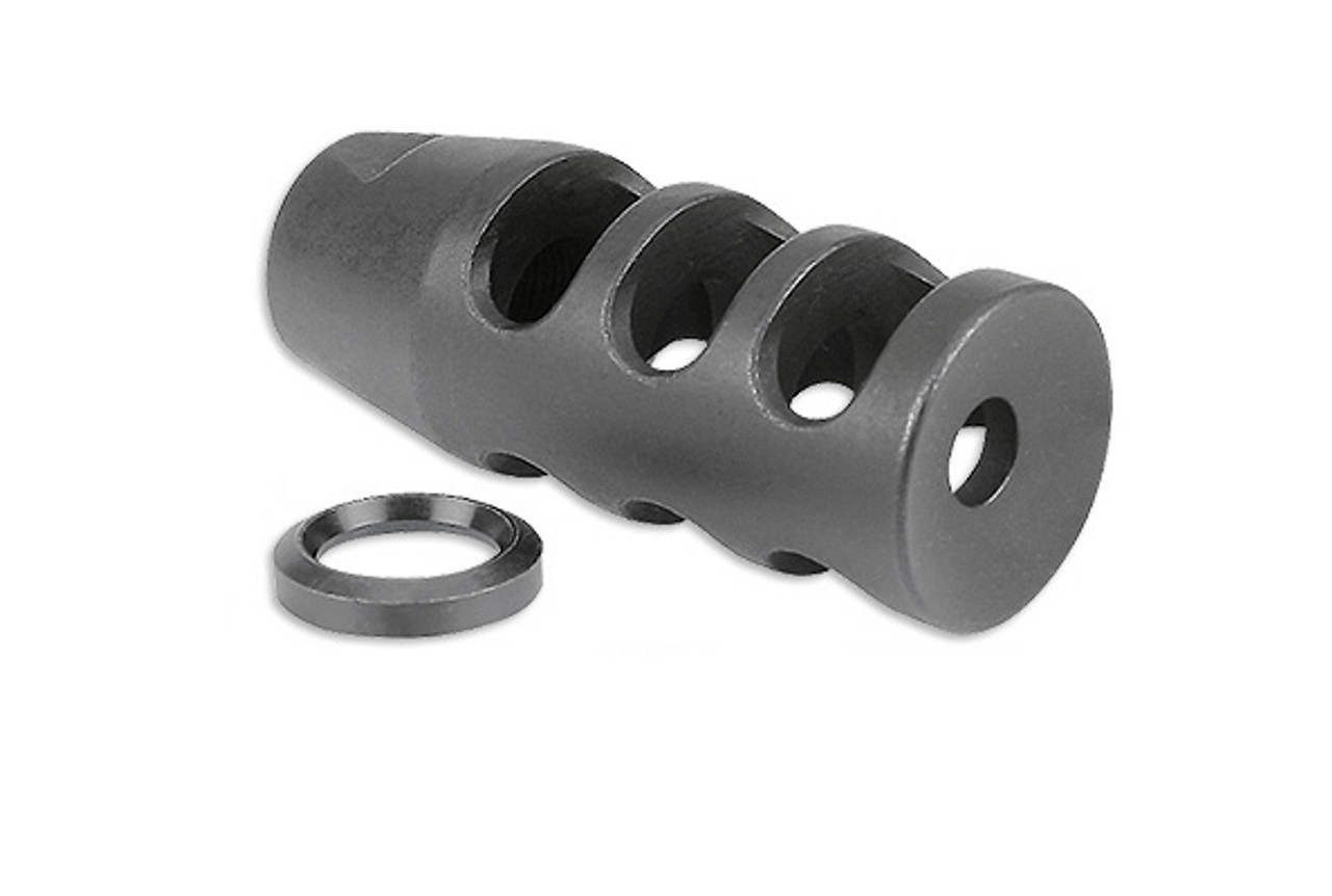 Midwest Industries AR-15 5.56/.223 muzzle brake with crush washer, featuring three chamber design for reduced muzzle rise.