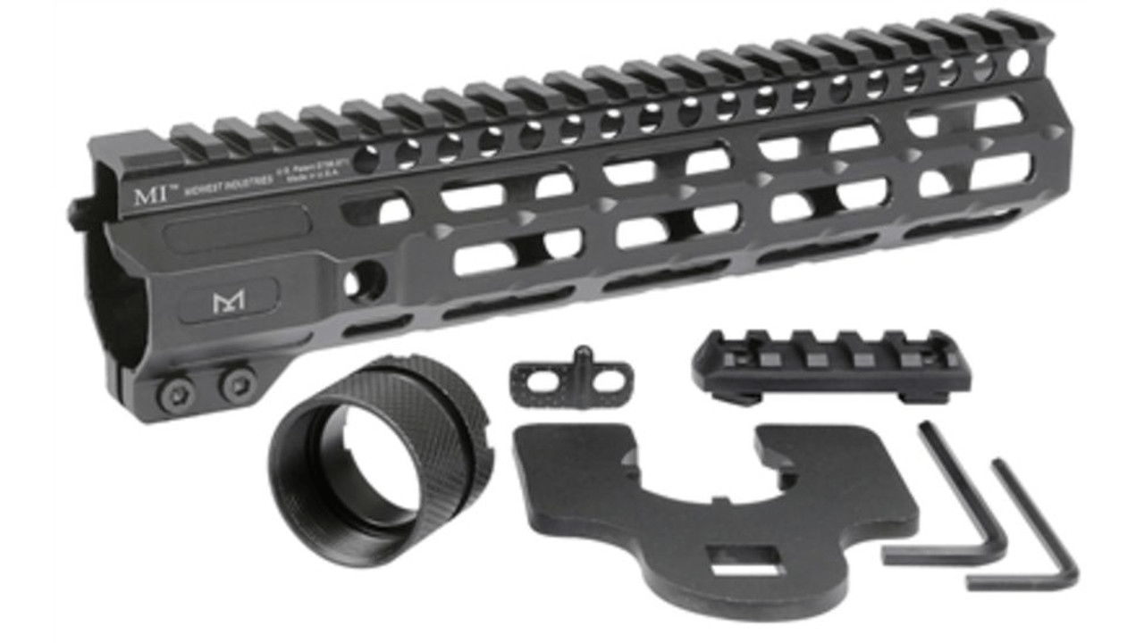 Midwest Industries Combat Rail One Piece Free Float Handguard with M-LOK and accessories in black.