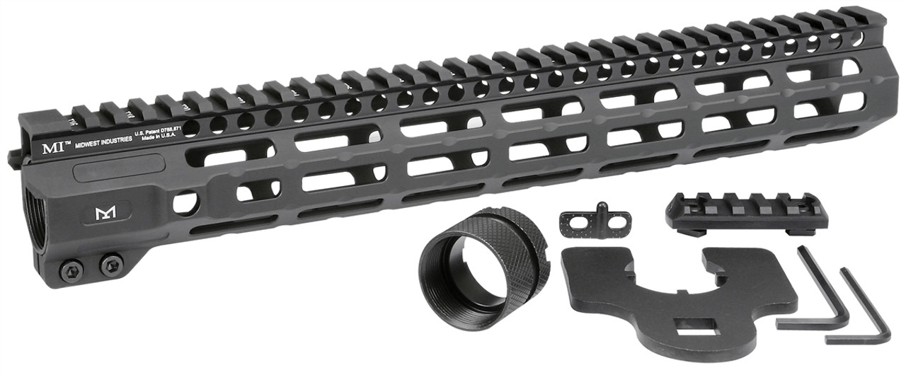 Midwest Industries Combat Rail Free Float Handguard with M-LOK, features polymer rail, barrel nut, and installation tools.