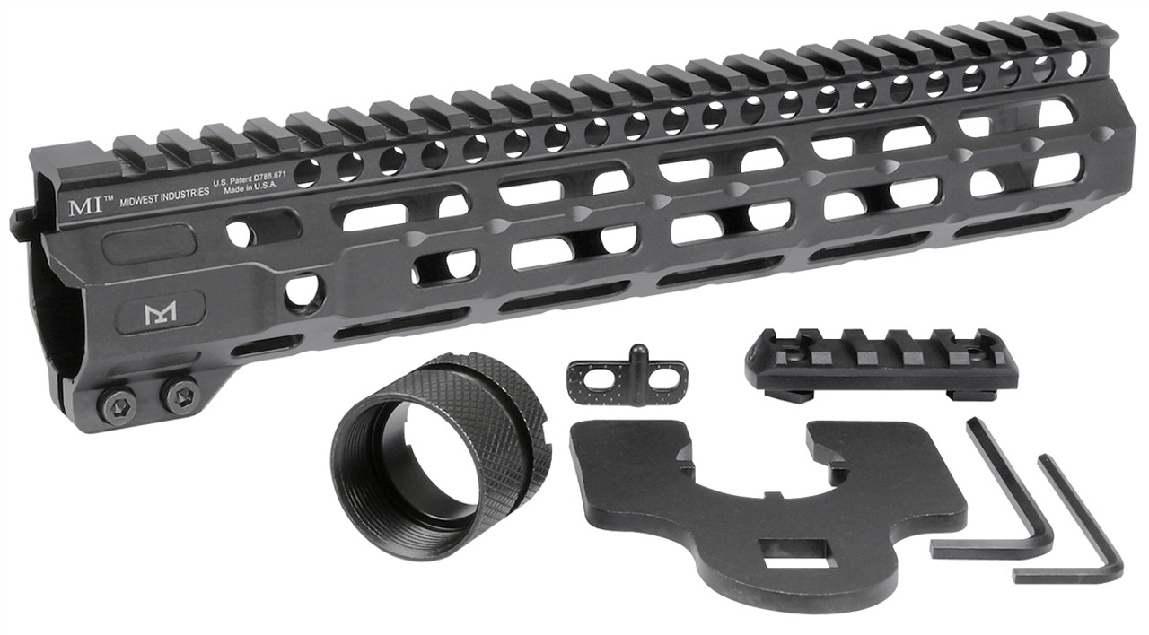Midwest Industries Combat Rail M-LOK handguard with accessories, featuring M-LOK slots and MIL-STD 1913 Picatinny rail.
