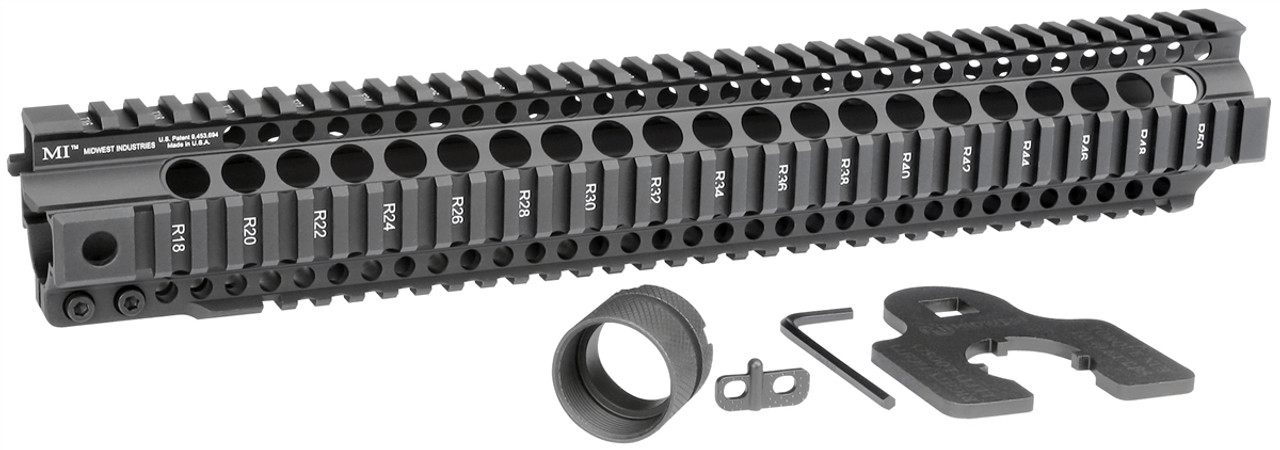 Midwest Industries Combat Rail T-Series Free Float Handguard with accessories, showcasing durable 6061 aluminum and MIL-STD 1913 rails.