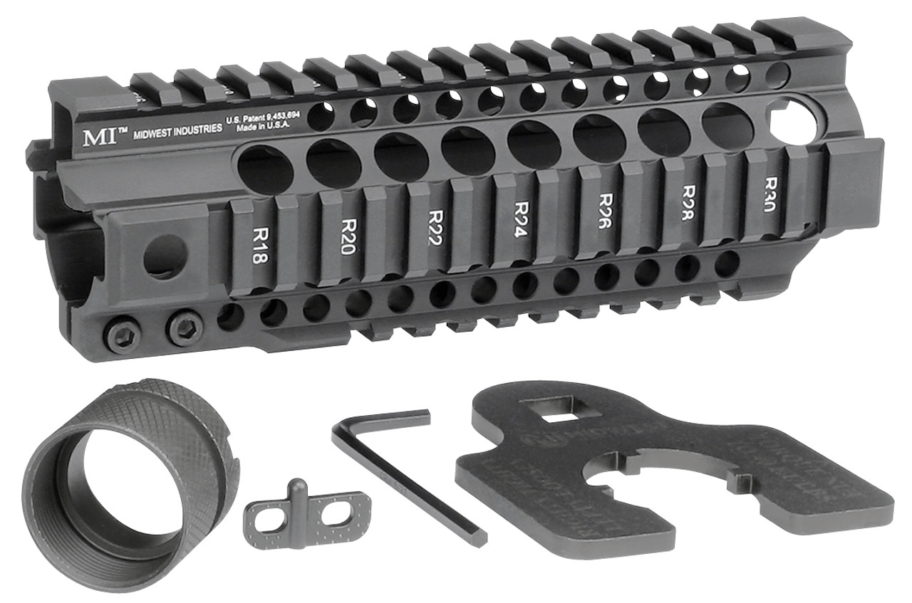 Midwest Industries Combat Rail T-Series Free Float Handguard with accessories, featuring MIL-STD 1913 Picatinny rails.