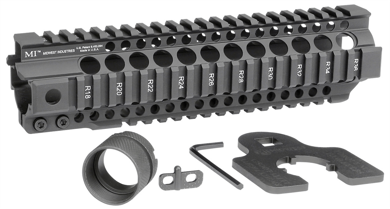 Midwest Industries Combat Rail T-Series Free Float Handguard with accessories, featuring MIL-STD 1913 rails and heat-treated barrel nut.