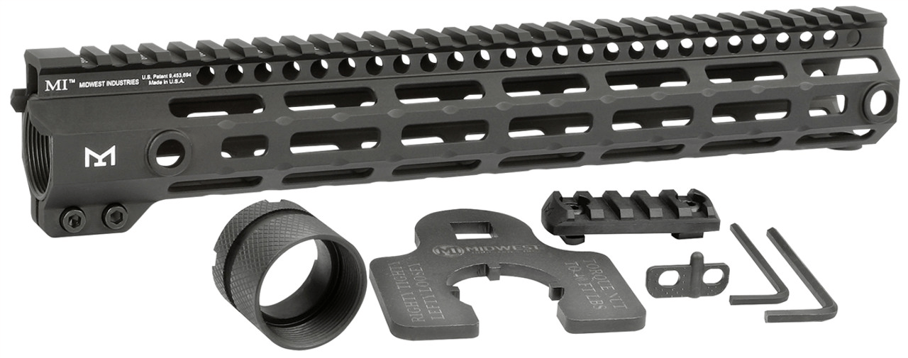 Midwest Industries G4 M-LOK Free Float Handguard with accessories including barrel nut, wrench, and rail section.