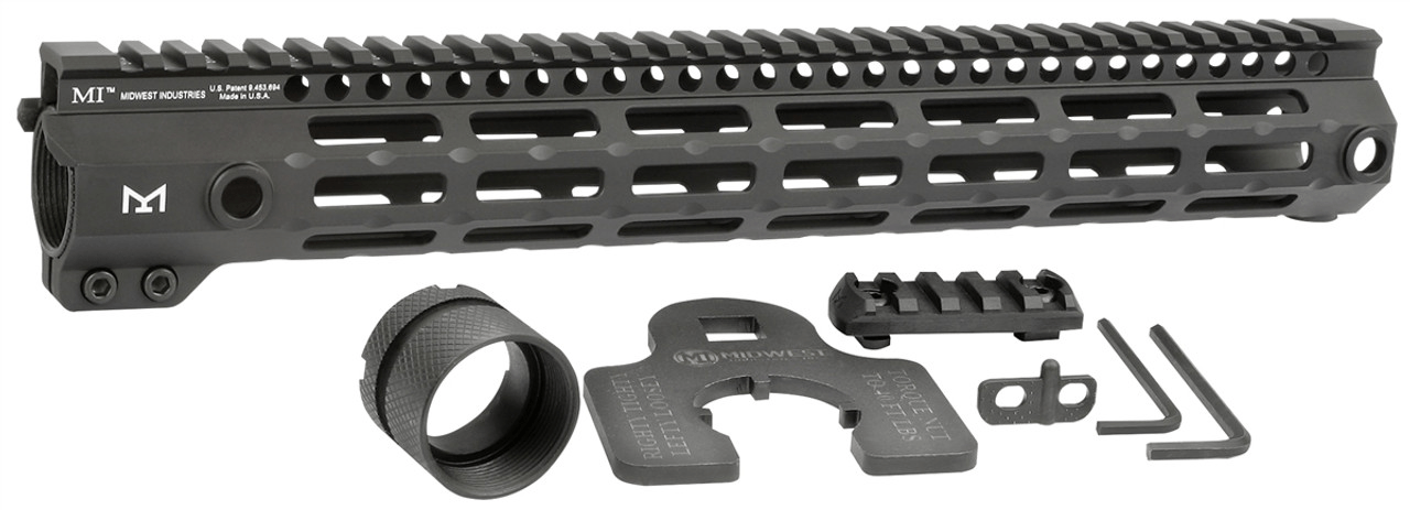 Midwest Industries G4 One Piece Free Float Handguard with M-LOK, barrel nut, wrench, and polymer rail accessories.