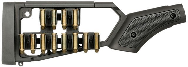 Black rifle stock with gold ammunition on a white background