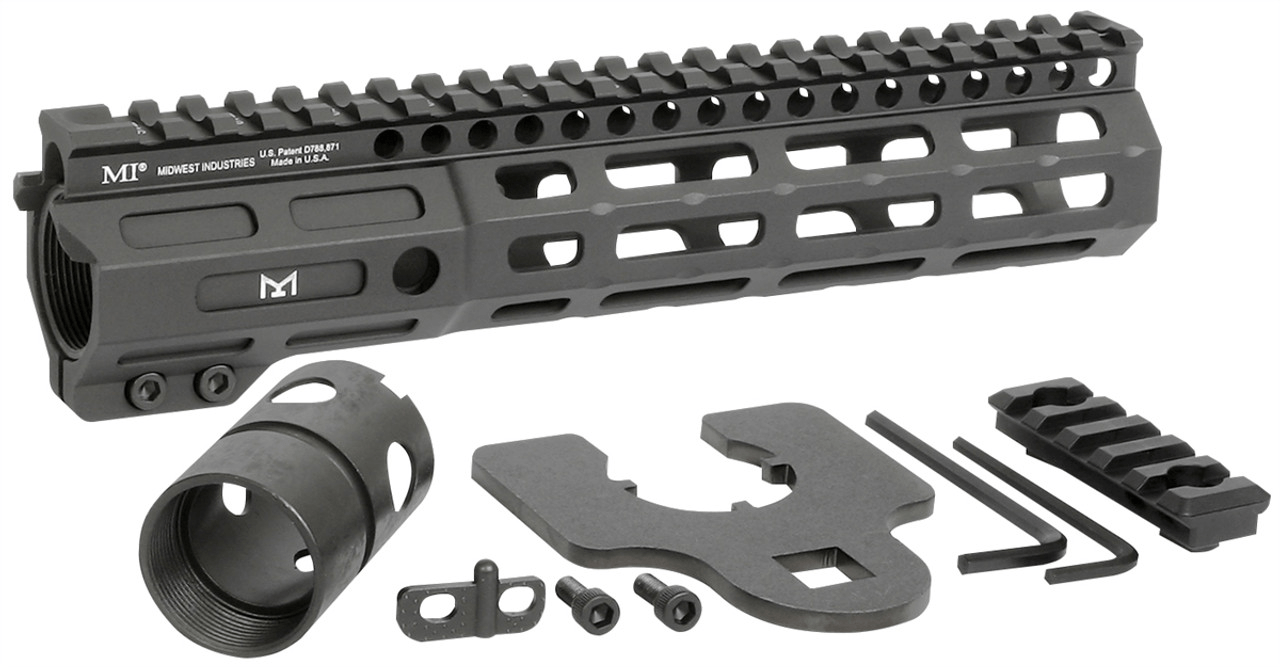 Midwest Industries Night Flight M-LOK Handguard set with accessories, showing sleek black design and M-LOK attachments.